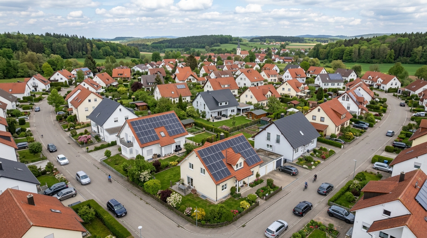 Drohnenaufnahme einer Wohnsiedlung mit Solardächern in Deutschland