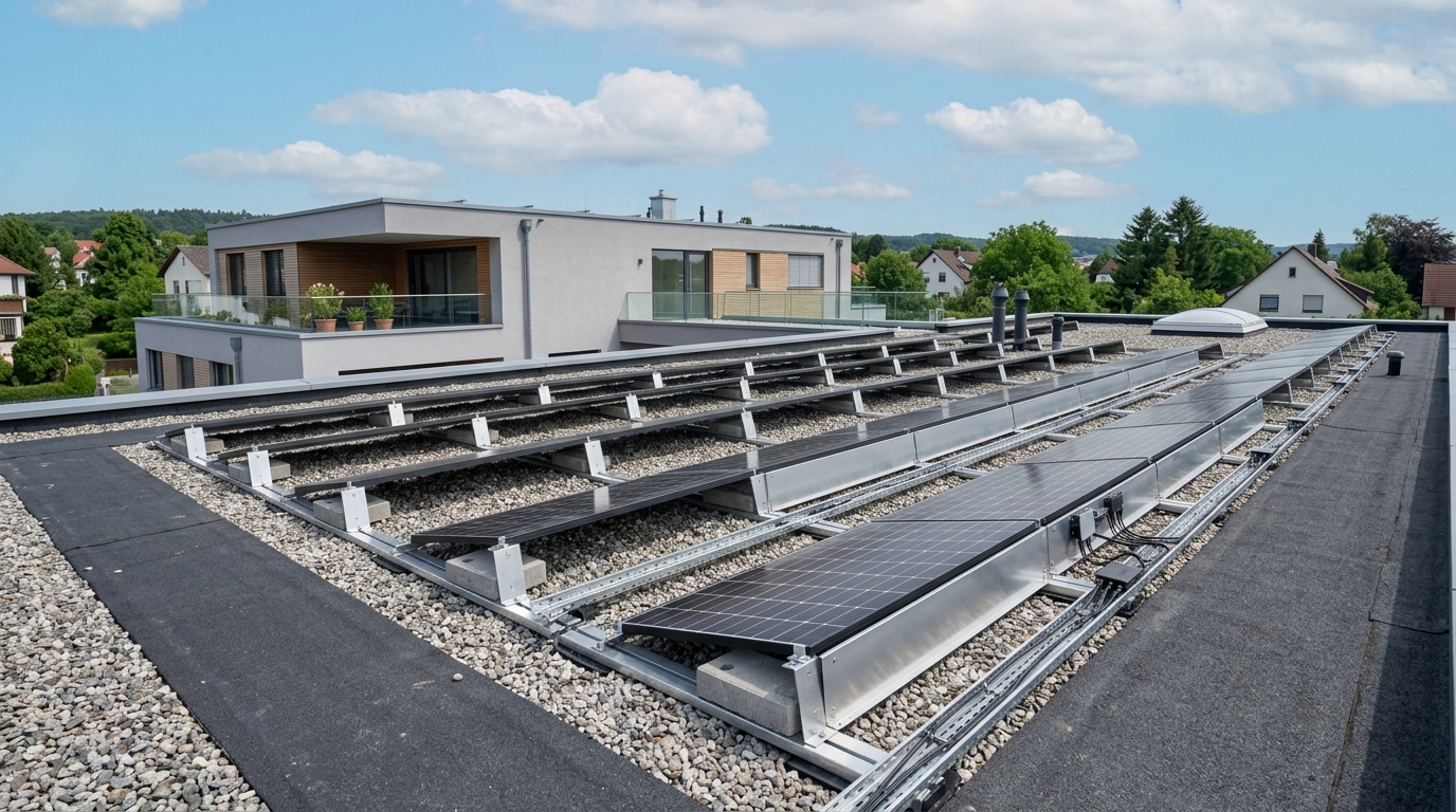 Ost-West Flachdach-Aufständerung mit Ballastierung ohne Dachdurchdringung