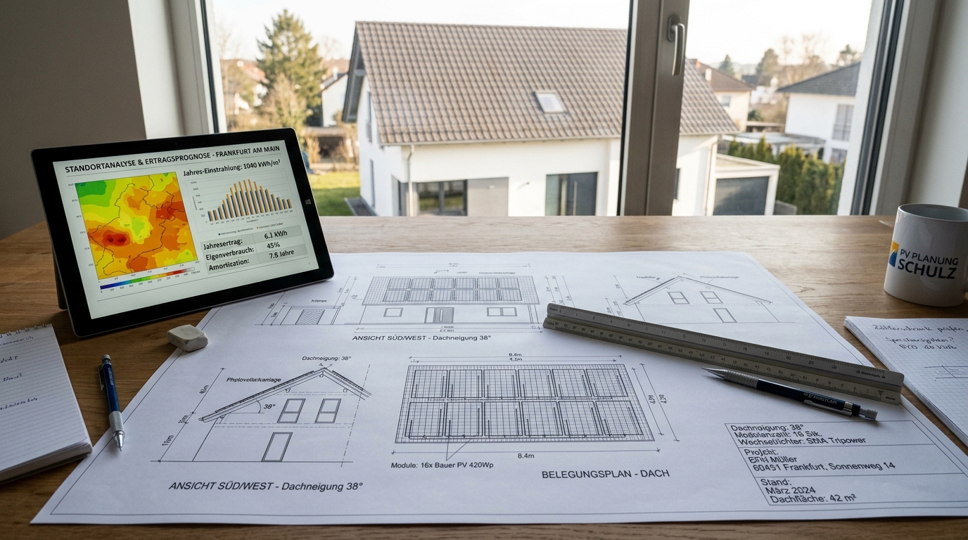Planungstisch mit Solar-Bauplan, Maßstab und Auswertung für ein Einfamilienhaus in Deutschland