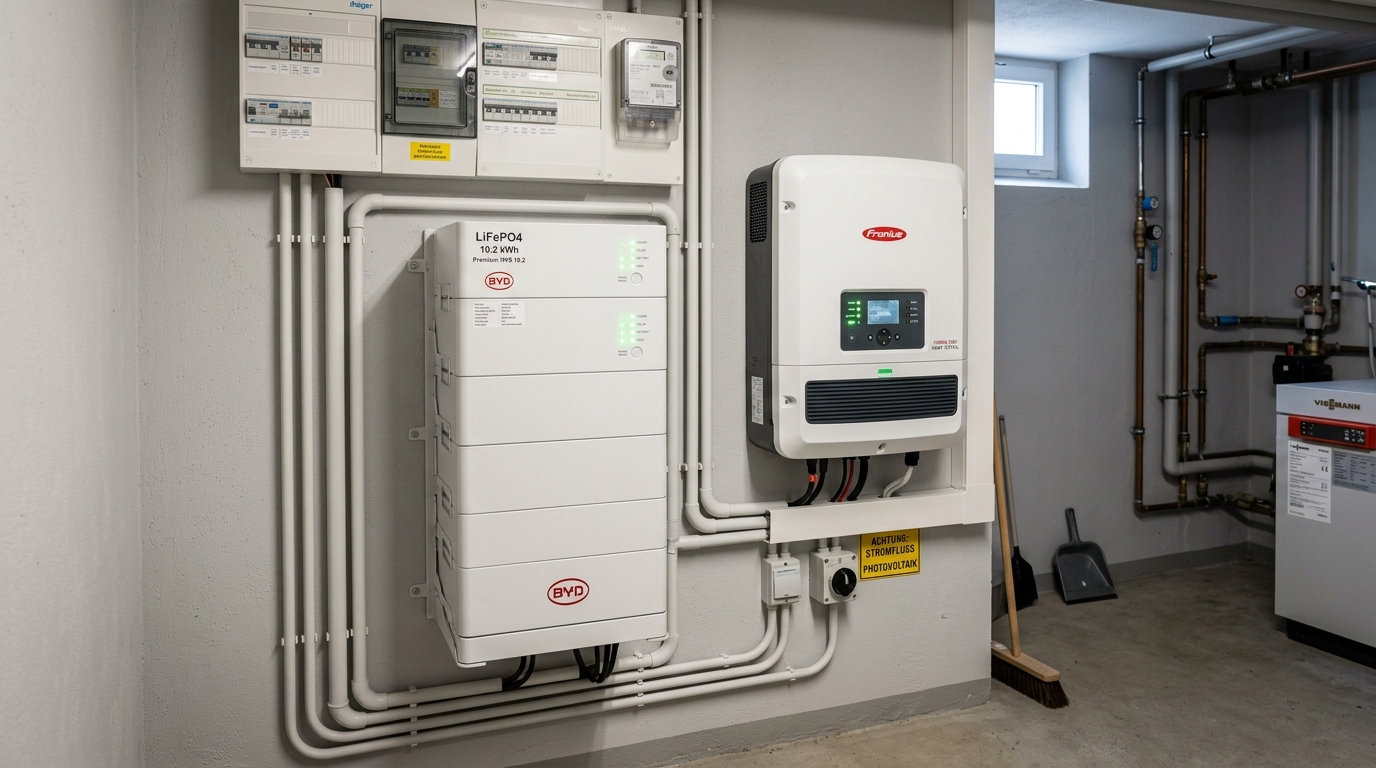 LiFePO4 Batteriespeicher und Hybrid-Wechselrichter im Keller